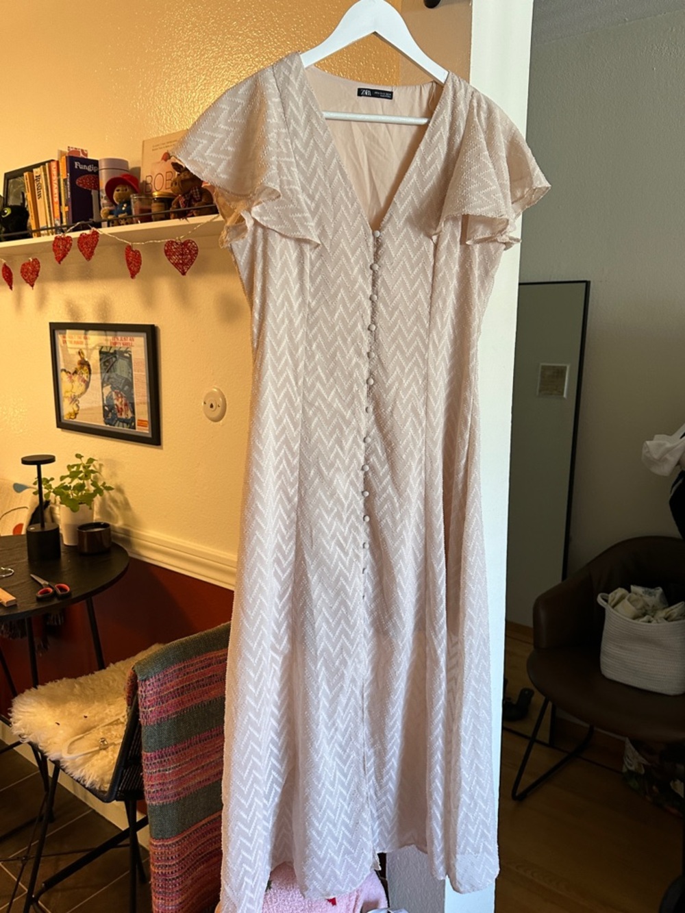 Zara - Cream Chevron Button-Front Dress